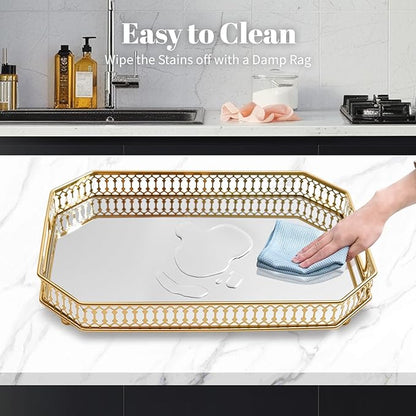Vintage Gold Mirrored Vanity Mirror Tray Decorative Perfume and Makeup Organizer with Handles for Dresser,Bathroom or Jewelry Display, Decor Home Large Size