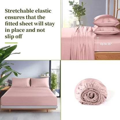 Shilucheng 100% Viscose Derived from Bamboo_ Sheets Queen Size 6pcs - Ultra Cooling & Silky Soft Bed Sheets, 16" Deep Pocket, Perfect for Hot Sleepers, Hotel Bedding Sheets (Light Pink)