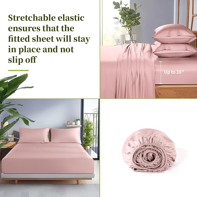 Shilucheng 100% Viscose Derived from Bamboo_ Sheets King Size 4pcs - Ultra Cooling & Silky Soft Bed Sheets, 16" Deep Pocket, Perfect for Hot Sleepers, Hotel Bedding Sheets (Light Pink)