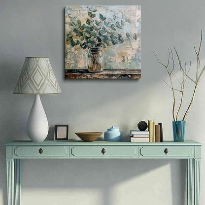 Eucalyptus Botanical Vase Wall Art Canvas Print Abstract Farmhouse Painting Rustic Modern Home Wall Decor for Living Room Bedroom Office Soft Green Leaves Still Life Artwork Canvas 14x14 Inches