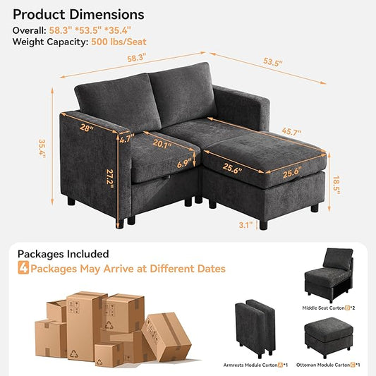 58”Modular Sectional Loveseat Sofa with Storage, Comfy Office L Shaped Sofa Couch, Chenille Love Seat Modular Sectional Couch with Movable Ottoman for Living Room, Bedroom, Dark Grey