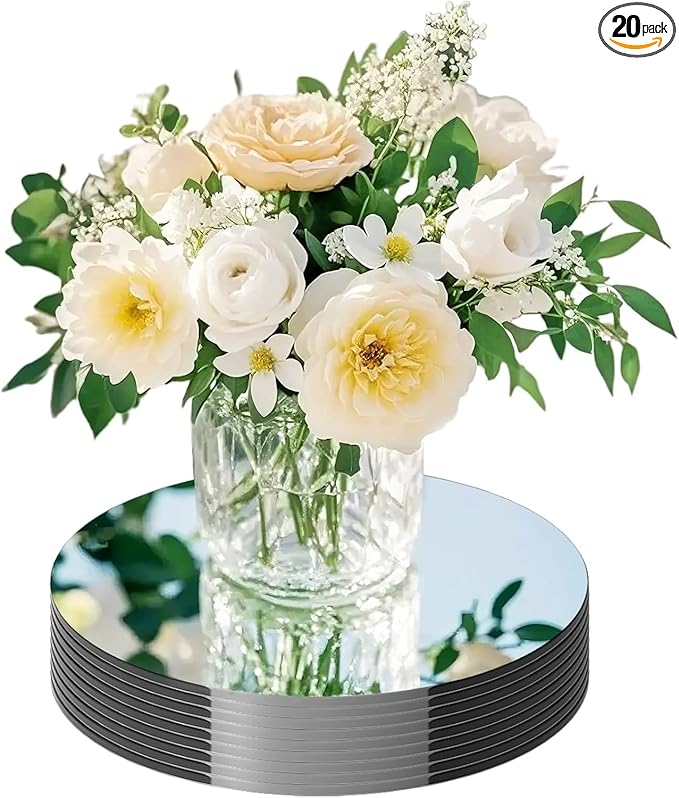 20 Pack Round Mirror Centerpieces for Tables, No Glass AcrylicCircle Mirror Table Centerpieces Mirror Tray Candle Plates for Wedding Table DecorationChristmas Home Decor (6inch)