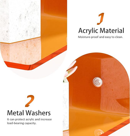 Sezanrpt 15 Inches Orange Acrylic Wall Shelves 2 Pack, L Shape Floating Shelf, Perspex Wall Mounted Shelves for Home Décor, Model Car, Candle, Calendar, Towel, Tissue