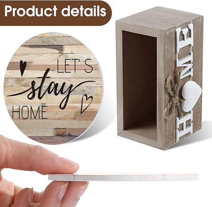 Queekay Coasters Set of 6 House Warming Gifts New Home Wooden Farmhouse Drink Coasters with Holder 4'' Funny Decoration for Kitchen Family Coffee Bar Tabletop Protection(Farmhouse Color)