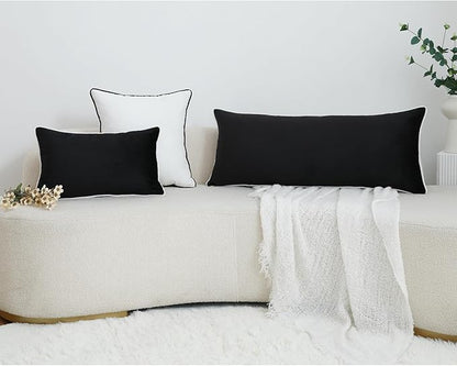 LIGICKY Long Lumbar Pillow Cover 14x36 inch Black Velvet White Rope Edging Throw Pillow Covers Decorative Rectangular Body Pillow Case Accent Textured Cushion Cover for Bed Couch (Cover Only)