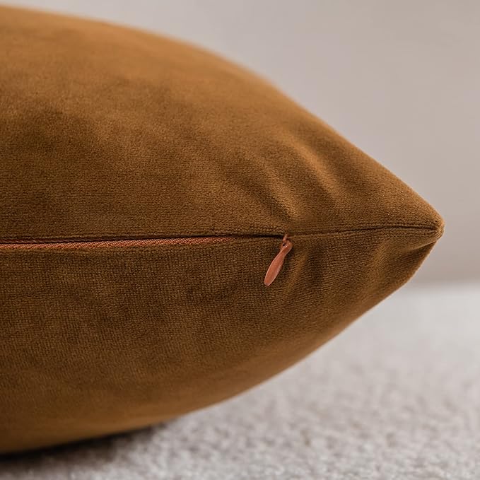 Throw Pillow Cases 18x18 Golden Brown: 2 Pack Cozy Soft Velvet Square Decorative Pillow Covers for Farmhouse Home Decor