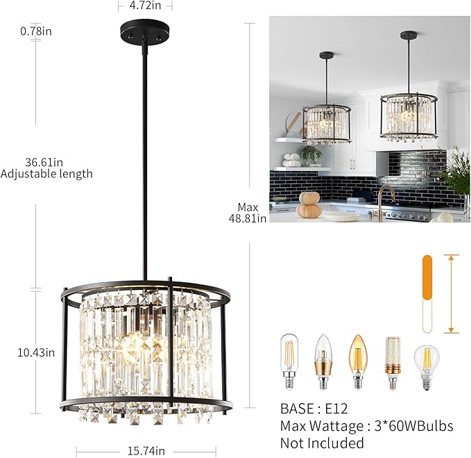 LMQNINE Modern Foyer Chandelier, Black Crystal Chandelier Entryway Pendant Light Fixture, Round Adjustable Height Chandeliers for Kitchen Island, L15.74'' x H10.43''
