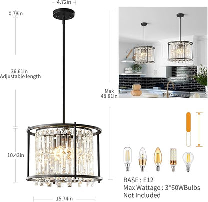 LMQNINE Modern Foyer Chandelier, Black Crystal Chandelier Entryway Pendant Light Fixture, Round Adjustable Height Chandeliers for Kitchen Island, L15.74'' x H10.43''