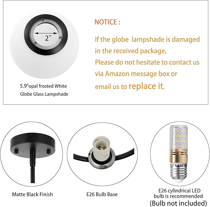 Modern Globe Pendant Light Mid Century Chandelier 1-Light Matte Black Ceiling Hanging Lighting Fixture with White Globe Glass Lampshade for Kitchen Island Dining Room Bedroom (2 Pack)