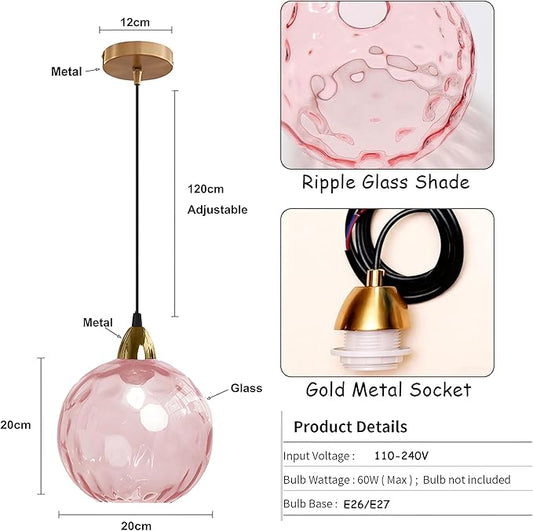 20cm/7.9’’ Industrial Vintage Spherical Glass Pendant Light, E26 Ceiling Hanging Lamp, Gold Finish & Ripple Glass Globe Shade, Dining Room Bedroom Chandelier (Pink)