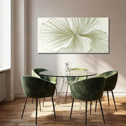 MLART99 Abstract Leaf Wall Art Modern Ginkgo Canvas Hand-drawn Painting 24x48 Green and White Large Artwork Minimalist Decoration for Living Room Bedroom Office Home