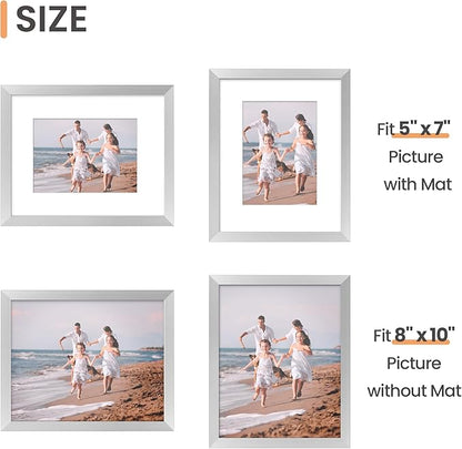 upsimples 8x10 Picture Frame Set of 5, Display Pictures 5x7 with Mat or 8 x 10 Withou, Wall Gallery Photo Frames, Silver