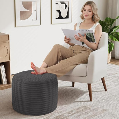 MeMoreCool Stuffed Round Pouf Ottoman Foot Rest, Soft Plush Floor Pouf Foot Stool, Corduray Footstool Footrest, Small Round Ottoman for Living Room Couch Sofa Chair, 20x15 Inch Grey