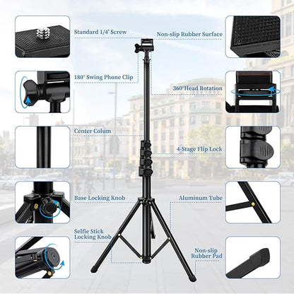 Phone Tripod, 70" Selfie Stick Tripod Stand Cell Phone Tripods with Remote Phone Holder Carry Bag, Aluminum Alloy Selfie Stick Tripods, Compatible with iPhone Samsung GoPro Smartphone