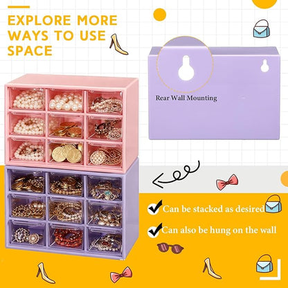 Wenqik 2 Pcs Mini Storage Drawers Teacher Toolbox Organizer with 9 Clear Drawers Small Plastic Desktop Teacher Desk Craft Organizer for Classroom Office 7" x 3. 9" x 4. 7" (Purple, Pink)