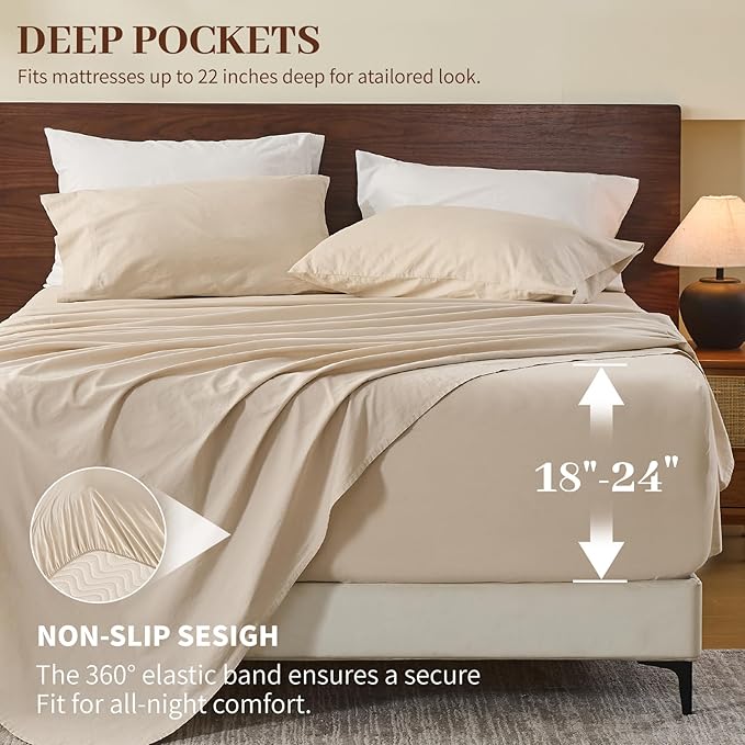 MEISHANG 100% French Pure Linen Sheets California King Size - Extra Deep Pocket Sheet Set, Soft Durable Flax Linen, Anti-Tear Breathable & Oeko-Tex Certified 18-24 Deep Pocket,All Season(Linen)