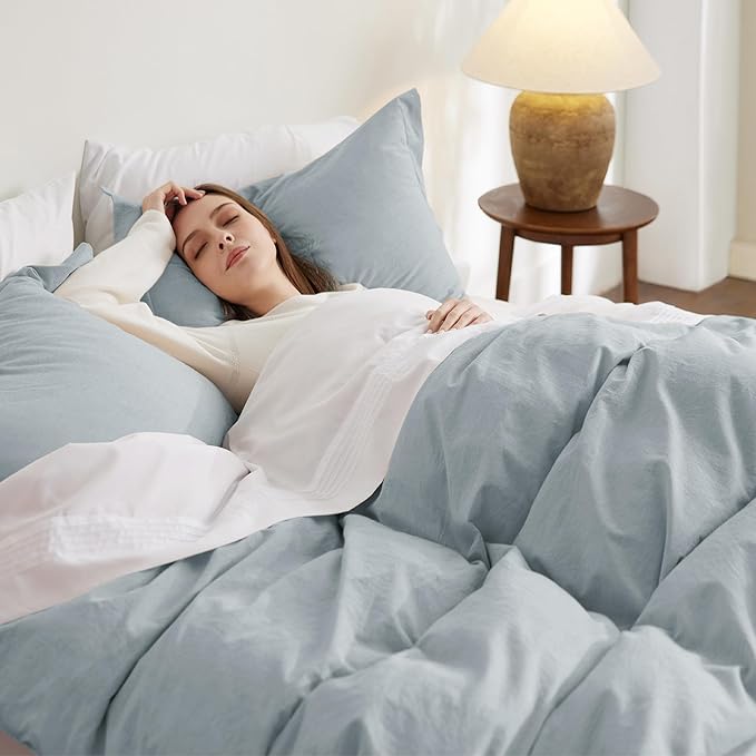Bedsure 100% Stone Washed Cotton Duvet Cover Queen - Cornflower Blue Minimalist Duvet Cover Linen Like for All Seasons - GentleSoft™ Plain Simple Bedding (Cornflower Blue, Queen, 90"x90")