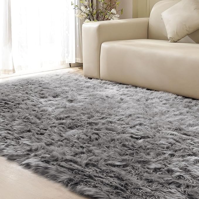 Large Area Rugs 9x12 Living Room Grey Fluffy Rug Faux Sheepskin Washable Fuzzy Fur Rugs for Bedroom Rectangle Nursery Rug