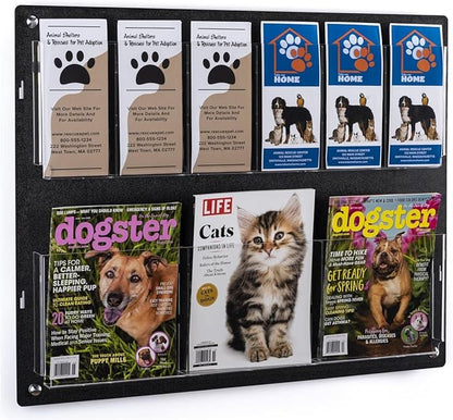 Displays2go Tiered Brochure Rack for Wall, 6-12 Adjustable Pockets, Frameless Acrylic - Black (2RP6BLK)