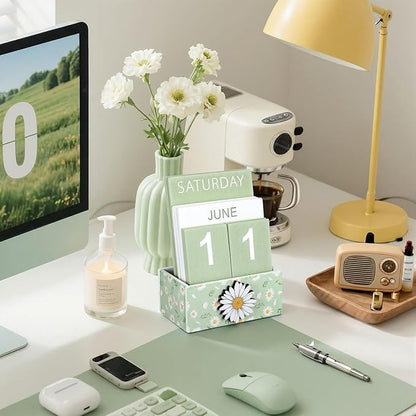 Green Daisy Flower Wood Block Perpetual Calendar Coquettish Desk Decor Cute Month Week Date Display Decorative Block Calendar for Women Office Home Desk Gift for Women