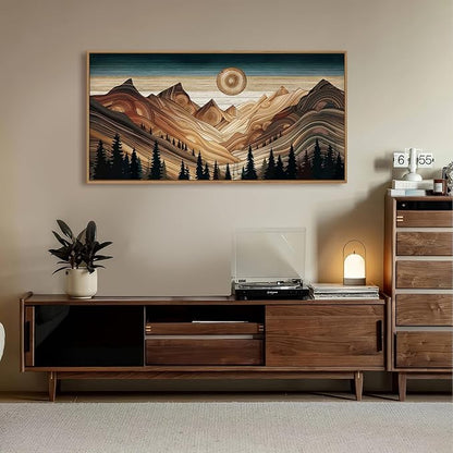 HLNIUC Large Mountain Wall Art, Tree Ring Wood Nature 40"x20" Framed Wall Decor, Rustic Desert Canvas Painting, Brown Abstract Landscape Art Print for Living Room, Bedroom, Office