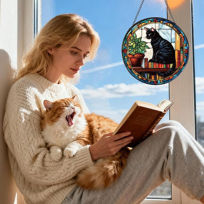 Rngmsi Black Cat Stained Glass Window Hanging Gifts for Women, 7.8″ Book Suncatchers for Indoor Window Decor, Decorative Sun Catchers Home Wall Art Gift for Thanksgiving Christmas Housewarming
