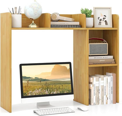Desktop Bookshelf, 3-Tier Wood Countertop Bookcase with 5 Shelves, Desk Hutch for College Dorm, Multipurpose Desk Organizer Shelf Display Rack for Home Office, Hutch Top Only