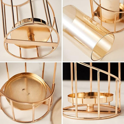 MrMrKura Metal Wire Candle Holder Set of 2, Glass Pillar Candle Holders Gold Decorative Tea Light Candleholders for Home Decor Table Decorations Centerpiece