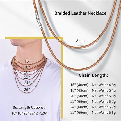 Leather Necklace Cord with Stainless Steel Clasp, Black/Brown Color Waterproof Wax Rope Chain 2mm 3mm Wide Braided Cord String Necklaces for Men Women 16"-30"