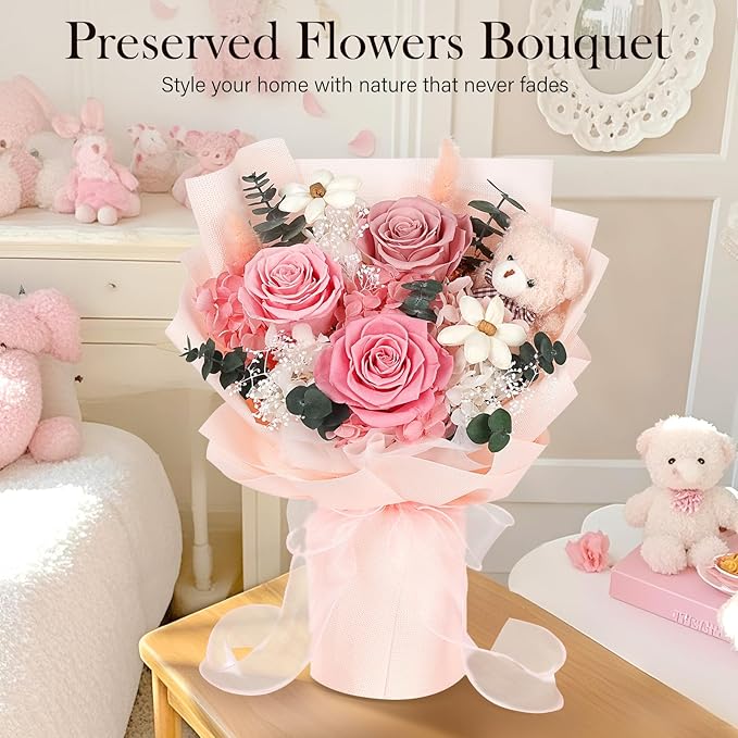 Preserved Flowers Bouquet with Bear, 3 Real Forever Flowers for Delivery, Long-Lasting Pink Eteranl Roses Bouquet, Anniversary Birthday Valentine Gifts for Women Mom Grandma Her Wife Girlfriend