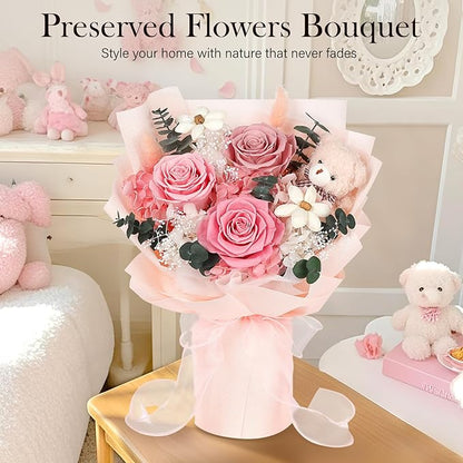 Preserved Flowers Bouquet with Bear, 3 Real Forever Flowers for Delivery, Long-Lasting Pink Eteranl Roses Bouquet, Anniversary Birthday Valentine Gifts for Women Mom Grandma Her Wife Girlfriend