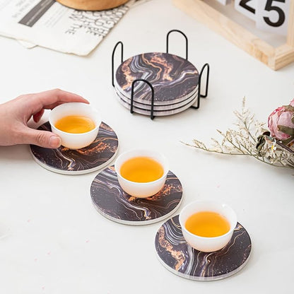 Ceramic Drink Coasters Set of 6 with Holder, Modern Marble Absorbent Ceramic Coasters, Round Ceramic Table Coasters for Home Decor Coffee Kitchen (4 Inches), Black
