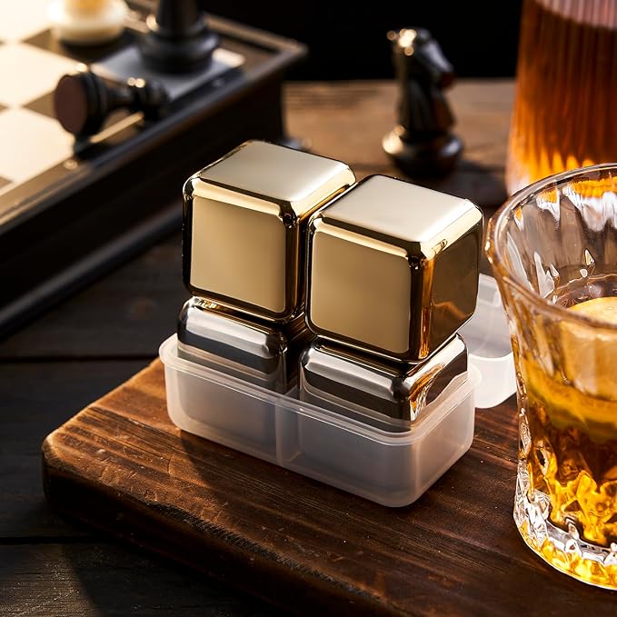 4 Large Whiskey Stones 64 cm³ (4 cu in) - Man Gift Set - Reusable Stainless Steel Metal Ice Sphere Cubes Beverage Chilling Rocks Whiskey Stones for Red Wine, Bar Beer, Scotch - Gold and Silver