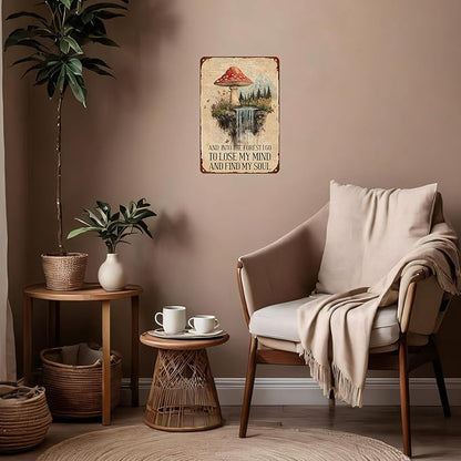 Mushroom Decor Metal Sign with "And Into The Forest I Go" Quote - Cottagecore & Rustic Wall Art for Farmhouse, Kitchen, Bathroom, Gardening Shed - 8x12 Inches