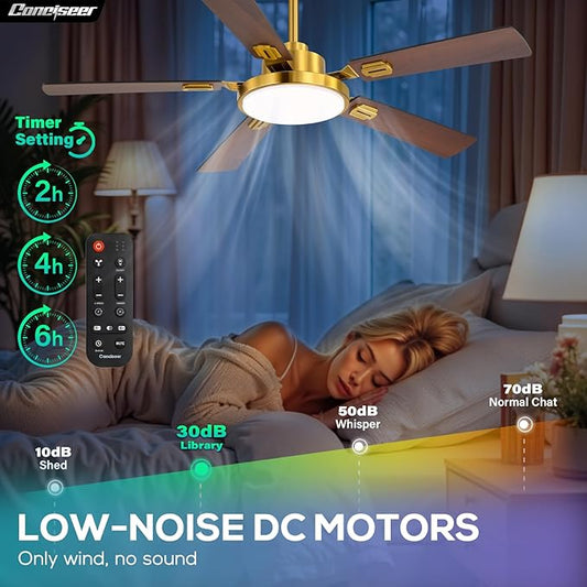 52 Inch Ceiling Fans with Lights and Remote for Bedroom Living Room Kitchen Office, Indoor/Outdoor Use, 5CCT Dimmable, 5 Blades, 6 Speed Reversible Quiet DC Motor, Gold/Wood Grain