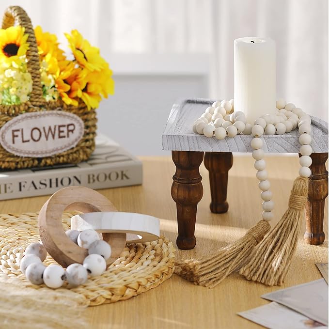 2 Pieces Decorative Wood Knot Link Chain Decor and Bead Garland Set Farmhouse Aesthetic Natural Wooden Knot Chain Link Wood Bead for Boho Country Home Table Decor(Retro Colors)