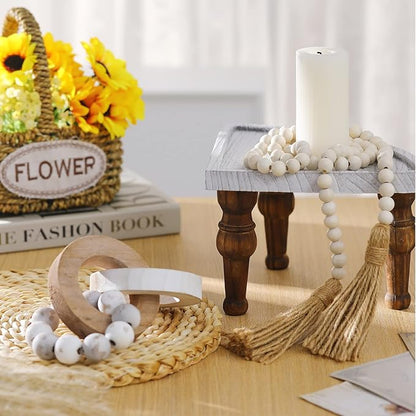 2 Pieces Decorative Wood Knot Link Chain Decor and Bead Garland Set Farmhouse Aesthetic Natural Wooden Knot Chain Link Wood Bead for Boho Country Home Table Decor(Retro Colors)