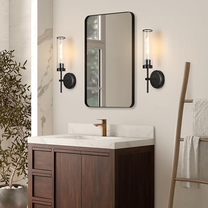 Wall Sconces Set of Two,Black Modern Wall Lighting 16" Bathroom Sconces Wall Lighting 60W with Clear Glass Shade for Living Room Corridor Mirror Bedroom Stairs