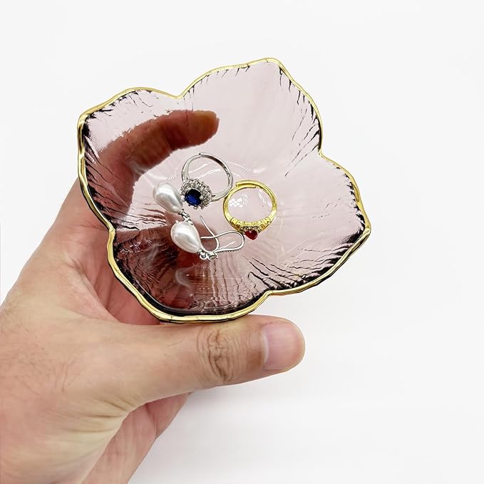 Small Flower Ring Dish Jewelry Tray, Pink Glass Jewelry Dish Tray, Nightstand Decor Jewlery Plate, Gifts for Mom, Crystal Ring Holder for Women, Bathroom Jewelry Bowl Trinket Tray Soap Dish
