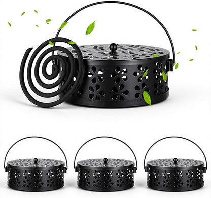 4 Pcs Mosquito Coil Holder Incense Coil Holder, Retro Iron Portable Hanging Outdoor Incense Burner Holder with Handle Round Metal Incense Holder for Home Camping Indoor Outdoor Patio (Black)