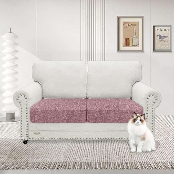 MAXIJIN Waterproof Couch Cushion Covers Stretch Sofa Seat Slipcovers Washable，Sectional Outdoor Cushion Covers with Elastic Bottom for Dogs Pets Kids (2 Pc Cushion Cover, Dusty Pink)