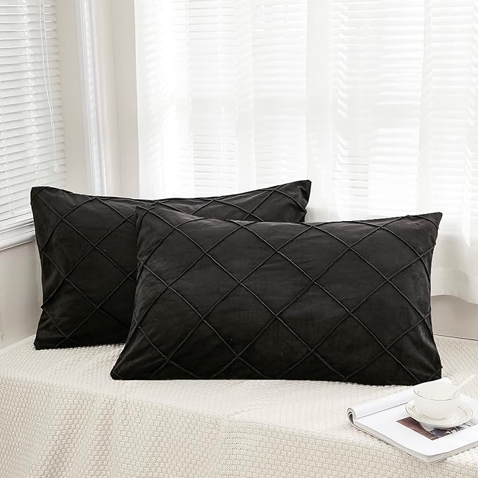 JAUXIO Diamond Pinch Pleated Crystal Velvet Pillowcases 2 Pack Solid Pintuck Throw Cushion Cover for Home Decor Hidden Zipper Closure (Black, King)