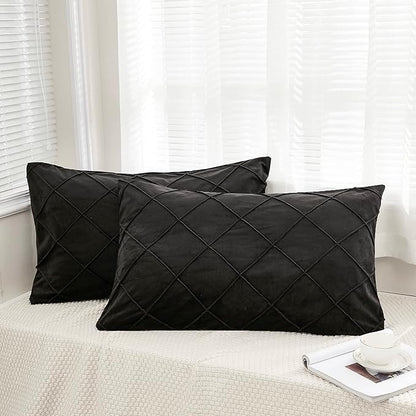 JAUXIO Diamond Pinch Pleated Crystal Velvet Pillowcases 2 Pack Solid Pintuck Throw Cushion Cover for Home Decor Hidden Zipper Closure (Black, King)