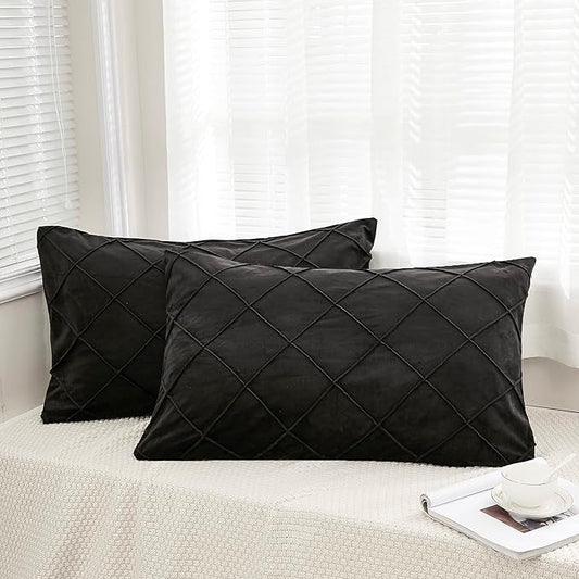JAUXIO Diamond Pinch Pleated Crystal Velvet Pillowcases 2 Pack Solid Pintuck Throw Cushion Cover for Home Decor Hidden Zipper Closure (Black, King)