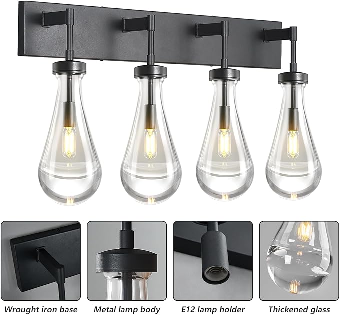 Raindrop Wall Sconces Black Crystal Sconces Wall Decor Modern Lighting Glass Bathroom Sconces Indoor Vanity Light Wall Lamp for Bedroom Living Room Stair(4-Light)