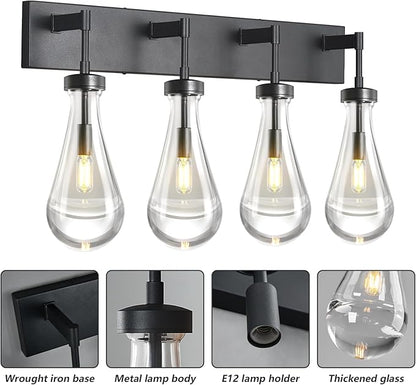 Raindrop Wall Sconces Black Crystal Sconces Wall Decor Modern Lighting Glass Bathroom Sconces Indoor Vanity Light Wall Lamp for Bedroom Living Room Stair(4-Light)