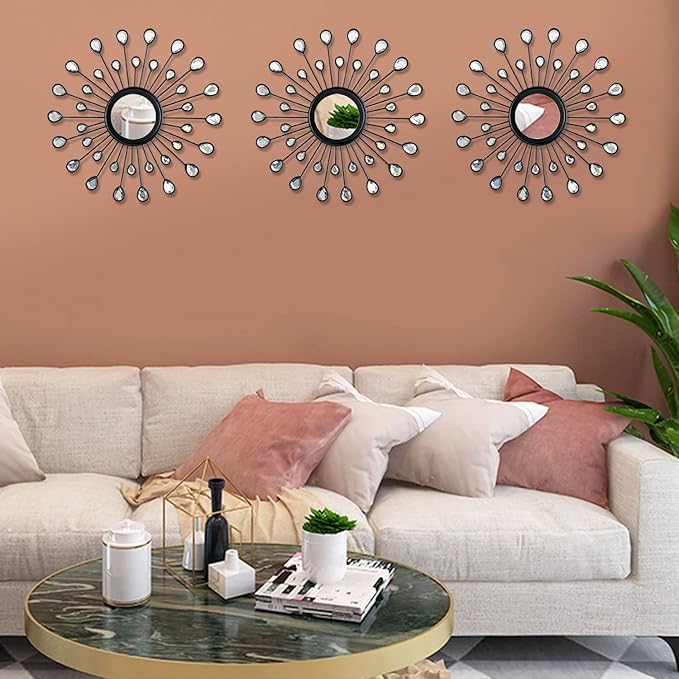 Uaussi 3 Pack Crystal Sunburst Wall Mirror Décor Rhinestone Mirrors Decorative Home Wall Art for Living Room Bedroom Entryway(Drop-Shape Black)