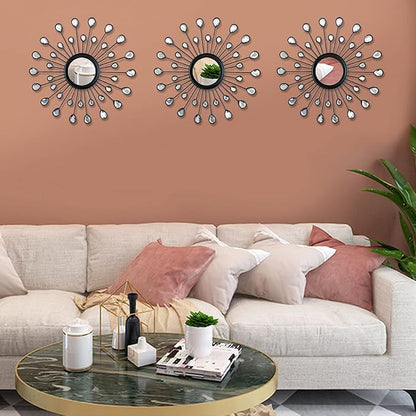 Uaussi 3 Pack Crystal Sunburst Wall Mirror Décor Rhinestone Mirrors Decorative Home Wall Art for Living Room Bedroom Entryway(Drop-Shape Black)