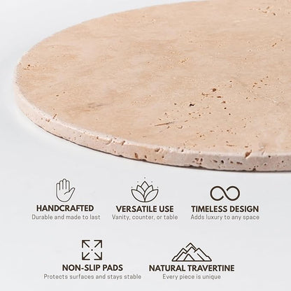 Handcrafted Travertine Tray – Bathroom Counter Organizer, Jewelry Tray, Perfume Organizer & Decorative Tray for Vanity Accessories, Coffee Table Decor & Bathroom Countertop,Stone Tray (Round, Natural)