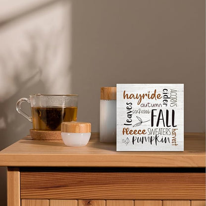Rustic Fall Autumn Wood Box Sign Desk Decor, Retro Autumn Harvest Decor, Retro Autumn Harvest Wooden Block Sign Decorations for Home Living Room Office Kitchen Wall Tabletop Shelf Decor